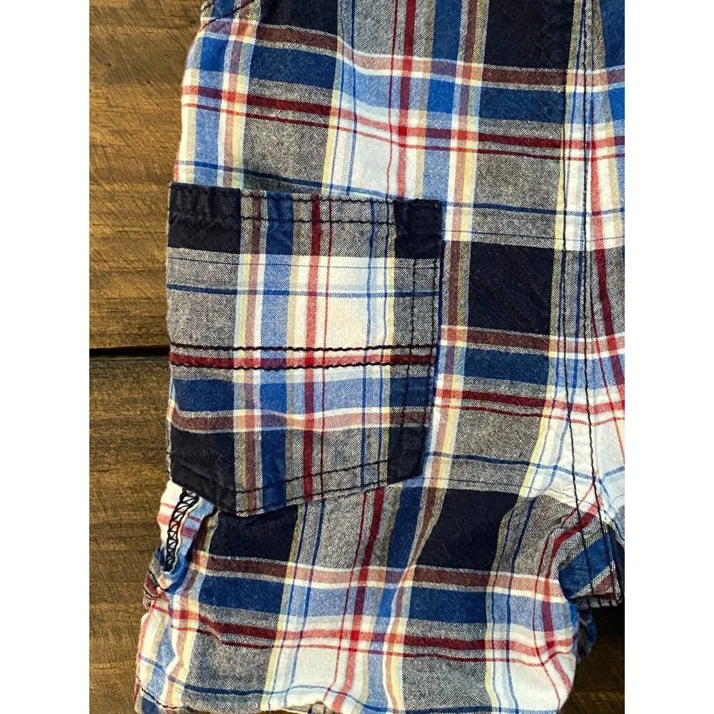 OshKosh B'gosh Plaid Vestbak Shortalls Bib Overalls Blue/Red/White Boys 6 Months